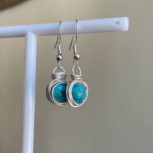 Silver Wrapped Turquoise Earrings