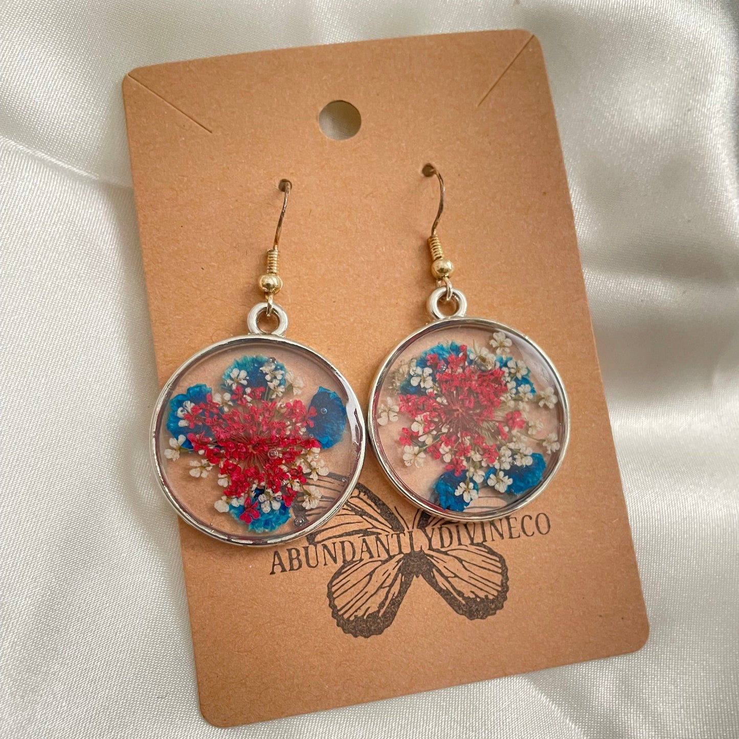 Pressed Red White and Blue Baby's Breath Earrings