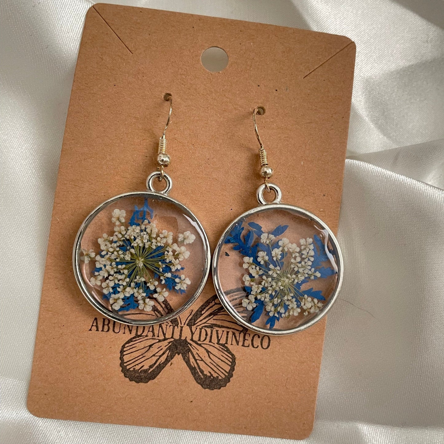 White and Blue Pressed Baby's Breath Earrings