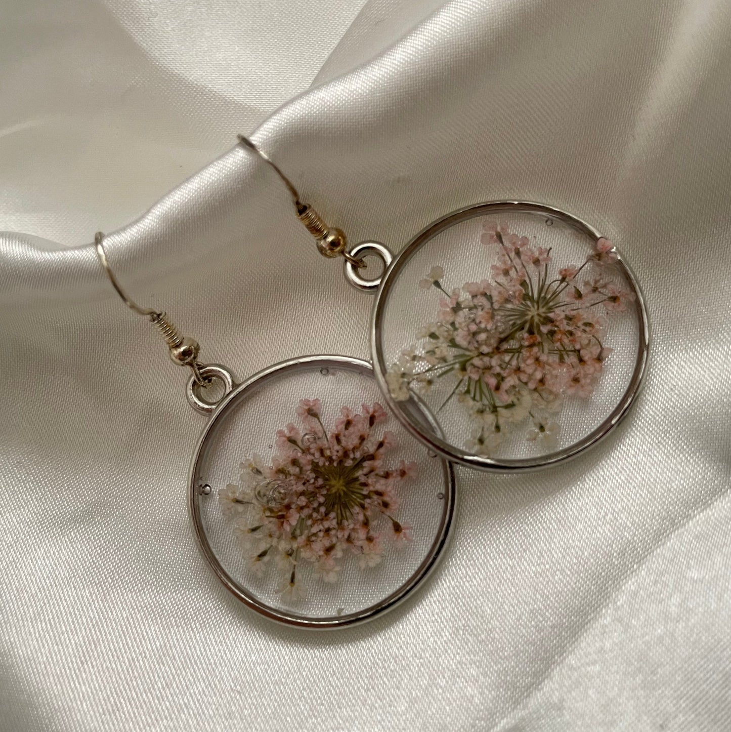 Pink and White Baby's Breath Resin Earrings