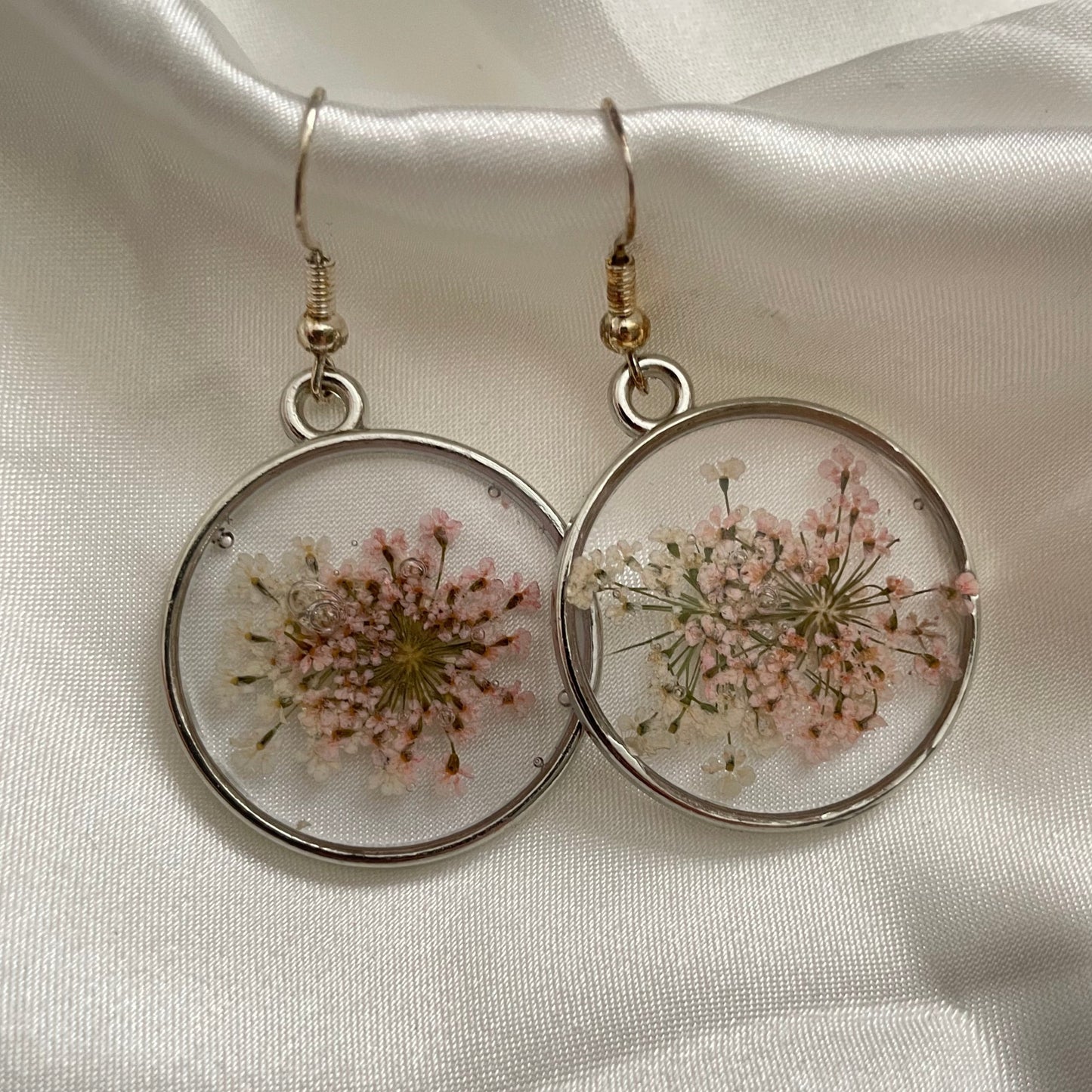 Pink and White Baby's Breath Resin Earrings