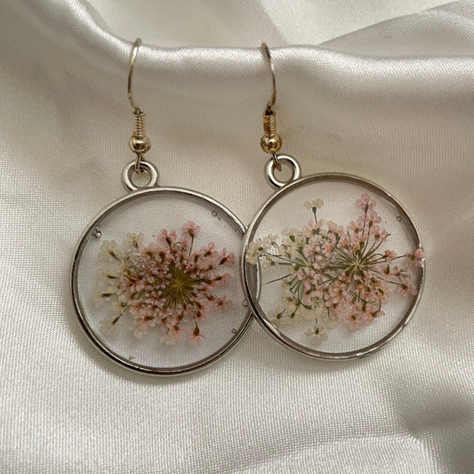 Pink and White Baby's Breath Resin Earrings